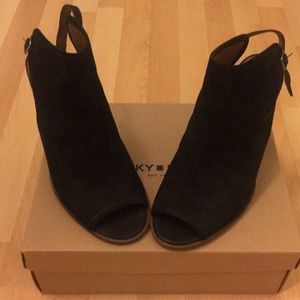 Lucky Brand ankle strap, open back heels.